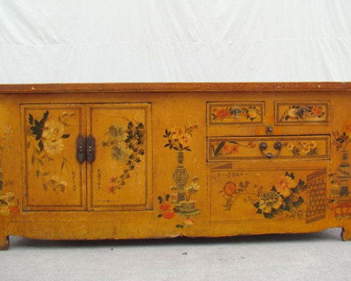 描彩三抽二门连体|chinese antique cabinet