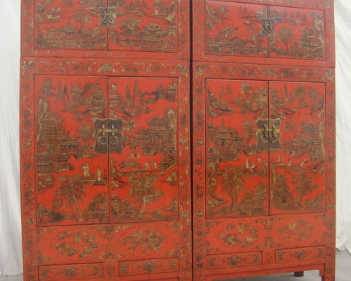 描金顶箱大柜|Red compound cabinet with tracing a design in gold