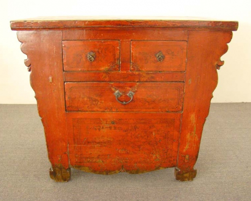 红描彩三抽桌|red depicting a color table with three drawers