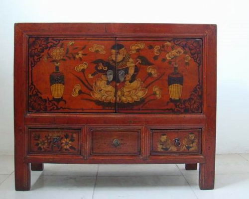 描彩三抽二门柜工厂|painted cabinet