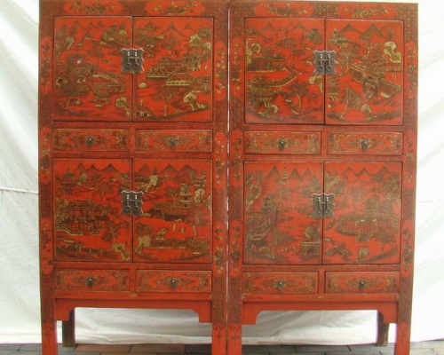 红描金书柜|red depicting a color small siamese chest