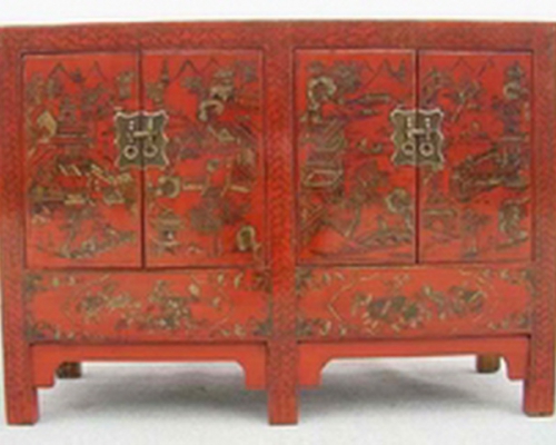 红描金四门柜|red depicting a color small siamese chest