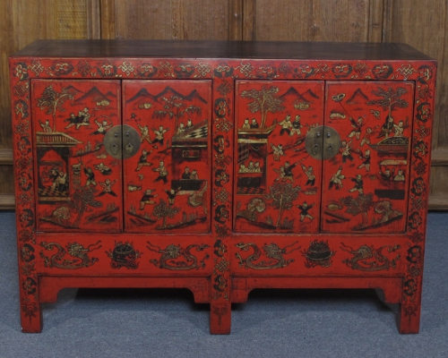 红描金四门柜工厂|red depicting a color small siamese chest