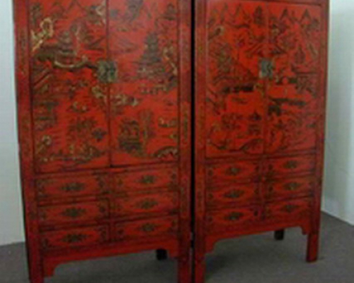 红描金书柜|red depicting a color small siamese chest