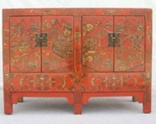 红描金连二柜工厂|red depicting a color small siamese chest with two gates