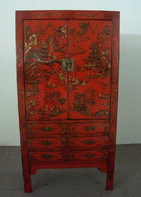 红描金书柜|red depicting a color small siamese chest