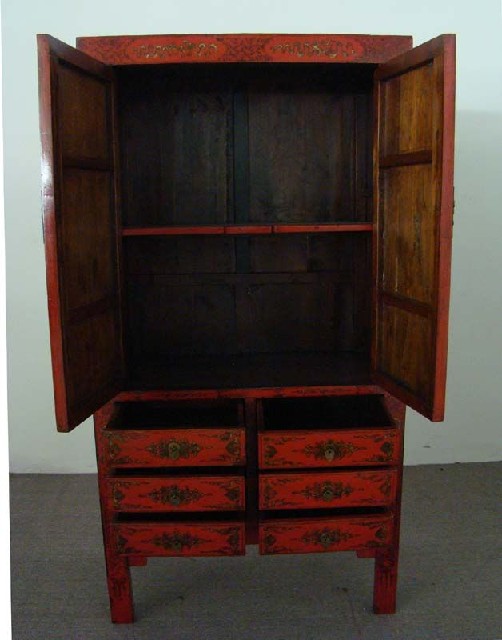 红描金书柜|red depicting a color small siamese chest