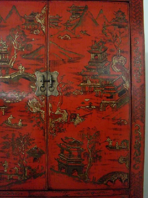 红描金书柜|red depicting a color small siamese chest