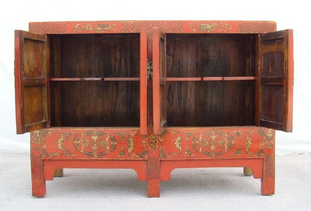红描金连二柜工厂|red depicting a color small siamese chest with two gates