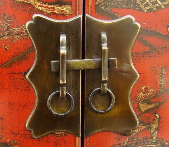 红描金连二柜工厂|red depicting a color small siamese chest with two gates