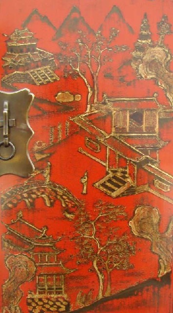 红描金连二柜工厂|red depicting a color small siamese chest with two gates