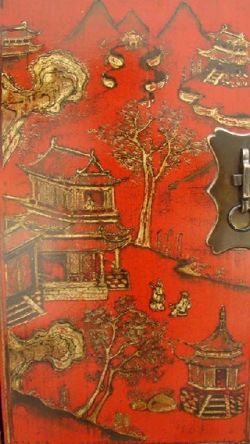红描金连二柜工厂|red depicting a color small siamese chest with two gates