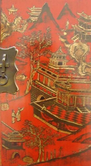 红描金连二柜工厂|red depicting a color small siamese chest with two gates