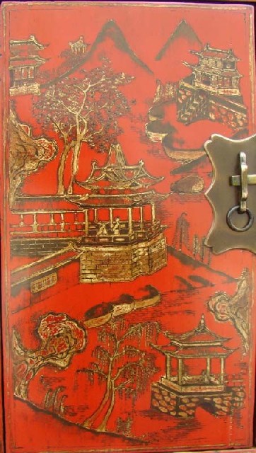 红描金连二柜工厂|red depicting a color small siamese chest with two gates