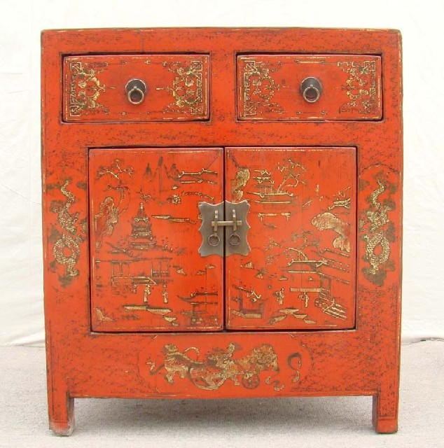 红描金二抽二门小柜工厂|red depicting a color small chest with two gates and two drawers