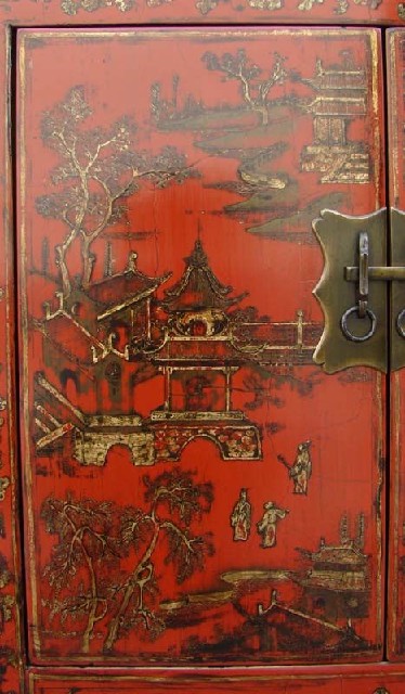 红描金四门柜工厂|red depicting a color small siamese chest with two gates