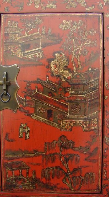 红描金四门柜工厂|red depicting a color small siamese chest with two gates