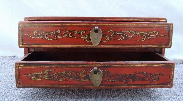 红描金二抽盒|red depicting a color box with two drawers