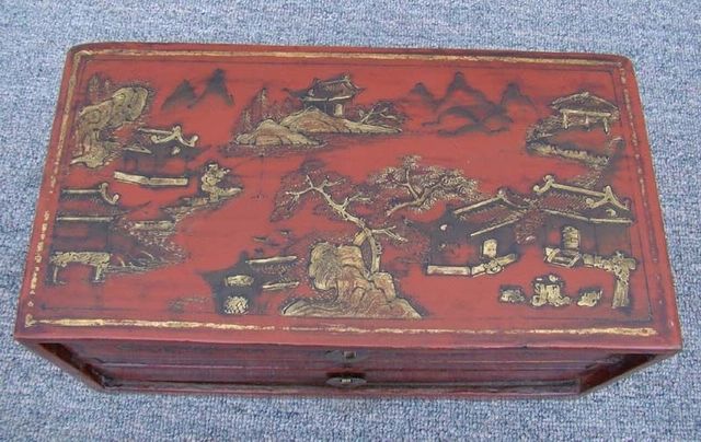 红描金二抽盒|red depicting a color box with two drawers
