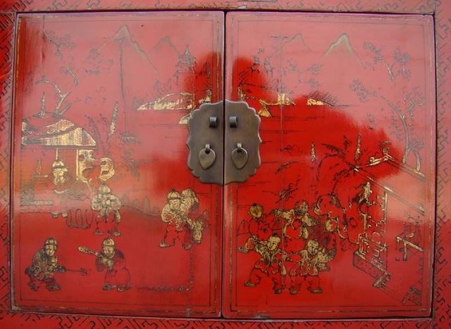 二抽四门描金柜工厂|depicts the color cabinet with two drawers and four gates