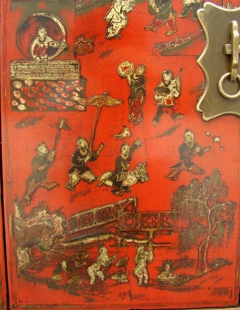 红描金四门柜工厂|red depicting a color small siamese chest