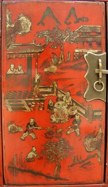 红描金四门柜工厂|red depicting a color small siamese chest