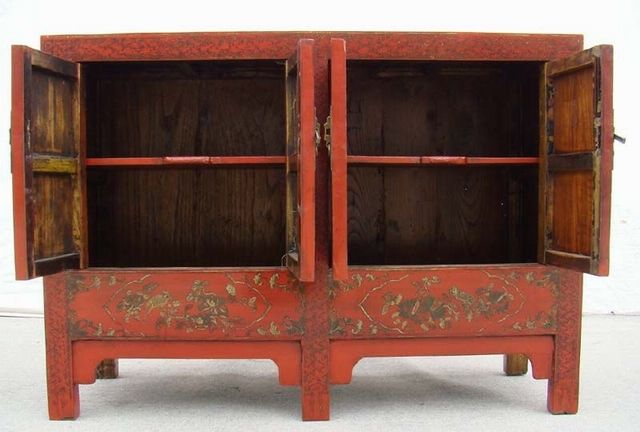 红描金四门柜|red depicting a color small siamese chest
