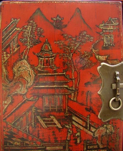 红描金四门柜|red depicting a color small siamese chest