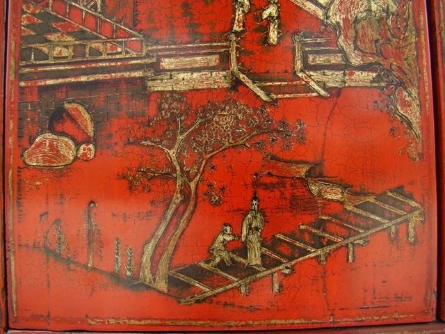 红描金四门柜|red depicting a color small siamese chest