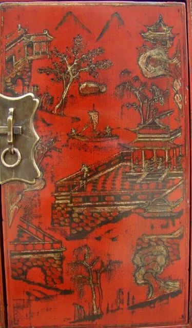 红描金四门柜|red depicting a color small siamese chest