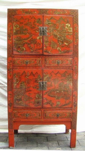 红描金书柜|red depicting a color small siamese chest