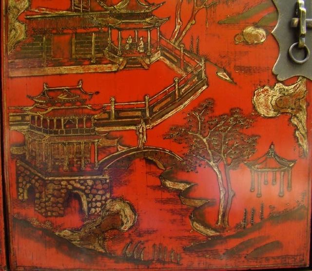 红描金书柜|red depicting a color small siamese chest