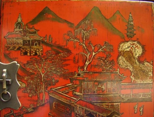 红描金书柜|red depicting a color small siamese chest