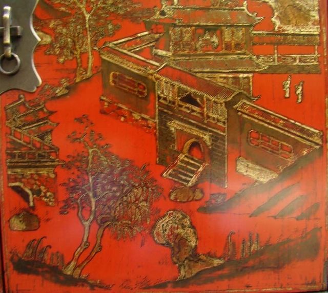 红描金书柜|red depicting a color small siamese chest