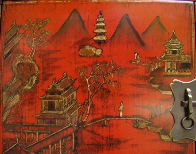 红描金书柜|red depicting a color small siamese chest