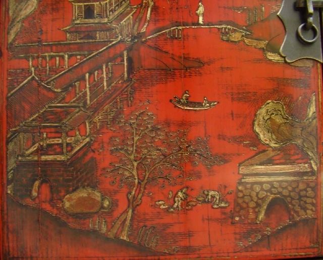 红描金书柜|red depicting a color small siamese chest