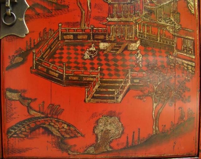 红描金书柜|red depicting a color small siamese chest