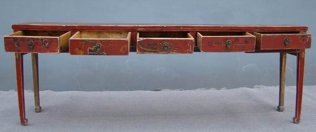 描彩五抽条桌|painted long table