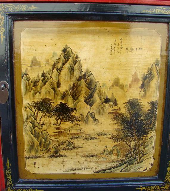 描彩三抽三门柜|painted cabinet
