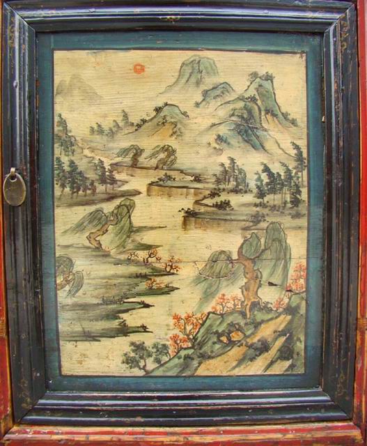 描彩三抽三门柜|painted cabinet